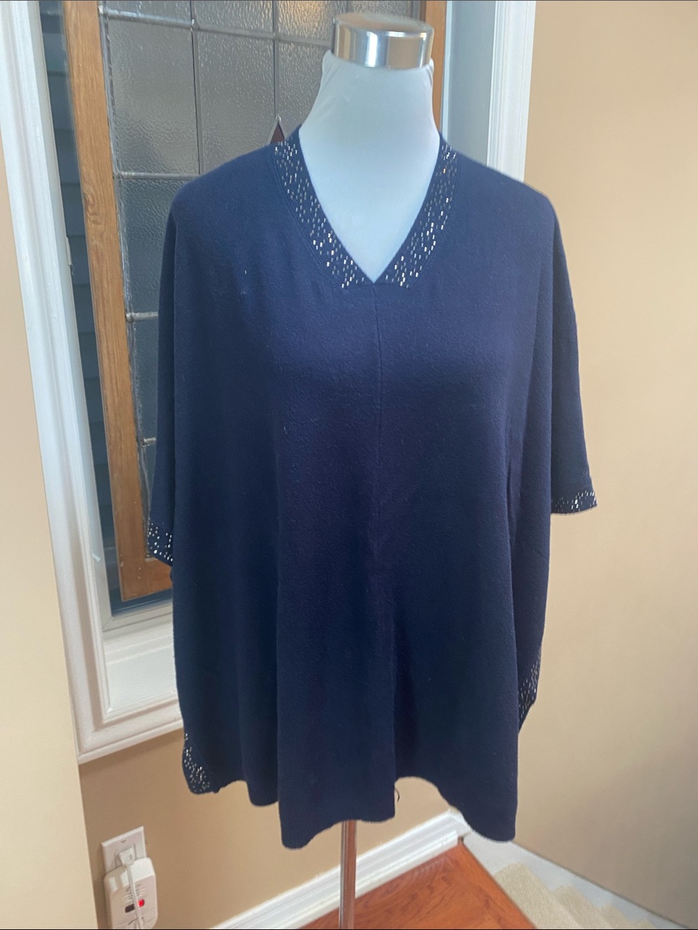 Women's Navy V-Neck Knit Poncho with Sequins Trim